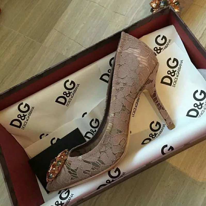 Dolce Gabbana D&G Shoes Pump in Taormina Lace with Crystals 90mm Heel for Women in Pink Dolce Gabbana D&G Shoes Pump in Taormina Lace with Crystals 90mm Heel for Women in Pink