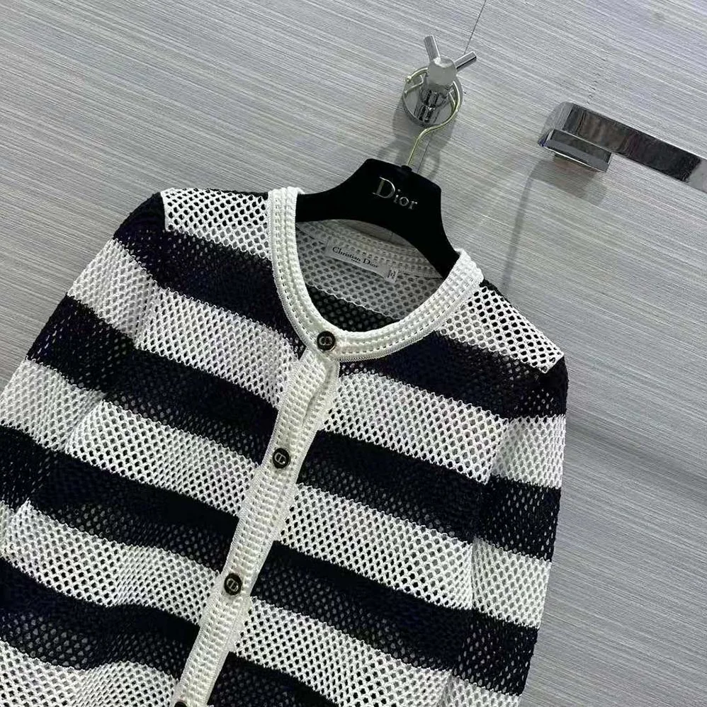 Dior Marinière Cardigan Navy Blue and White Openwork Cotton Knit for Women