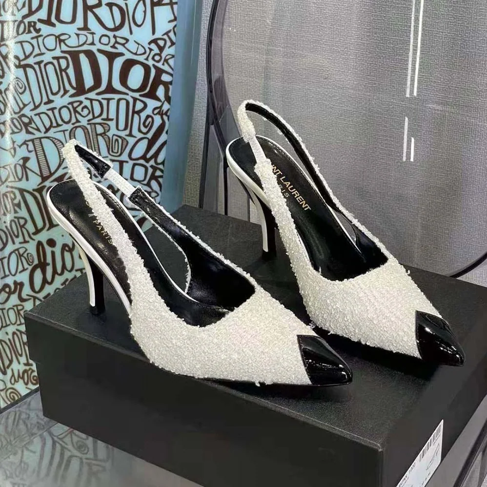 Saint Laurent YSL Vesper Slingback Pumps in Boucle Tweed for Women in White
