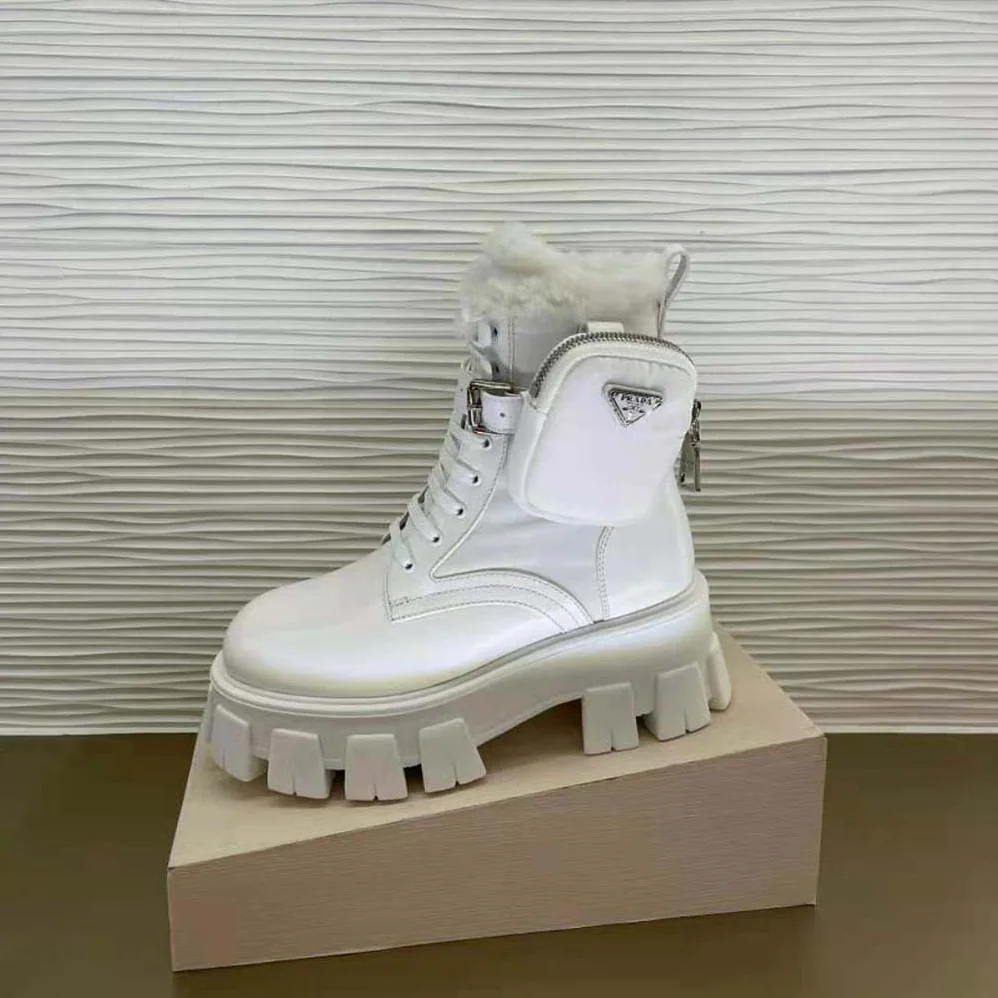 Prada Monolith Leather and Nylon Biker Boots for Women in White