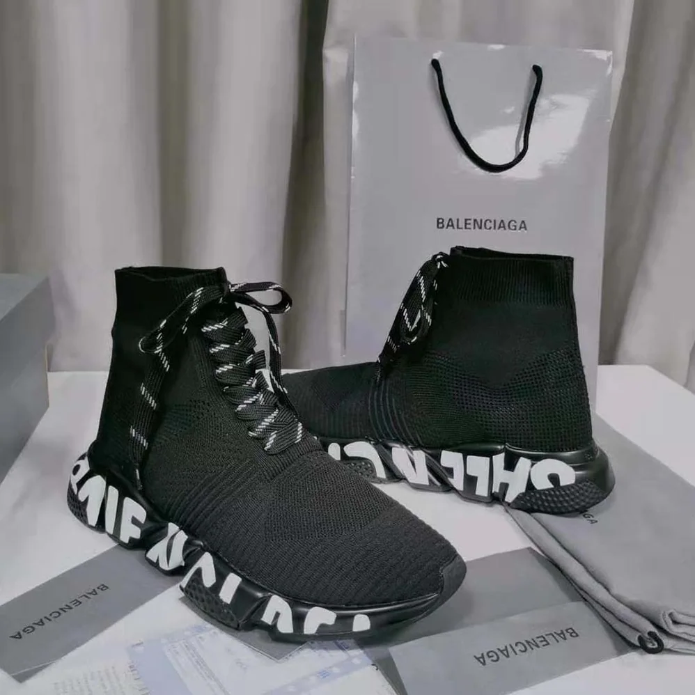 Balenciaga Speed Lace up Graffiti Sneaker in Black for Women in White Balenciaga Speed Lace up Graffiti Sneaker in Black for Women in White