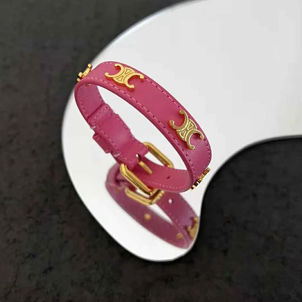 Celine Triomphe Multi Leather Bracelet in Brass with Gold Finish and Smooth Calfskin for Women in Pink