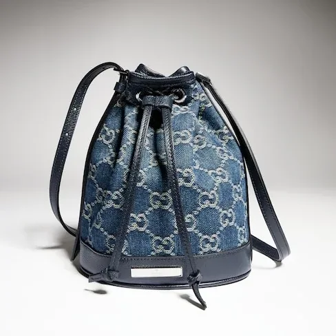Gucci Bucket With Gucci Plaque Mini Shoulder Bag / Dark Blue Denim Palladium Hardware Gucci Bucket With Gucci Plaque Mini Shoulder Bag / Dark Blue Denim Palladium Hardware