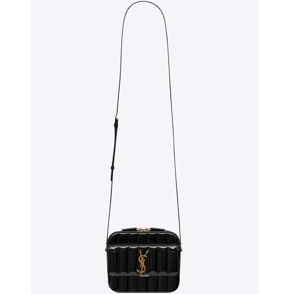 Saint Laurent YSL Vicky Camera Bag Quilted Patent for Women in Black