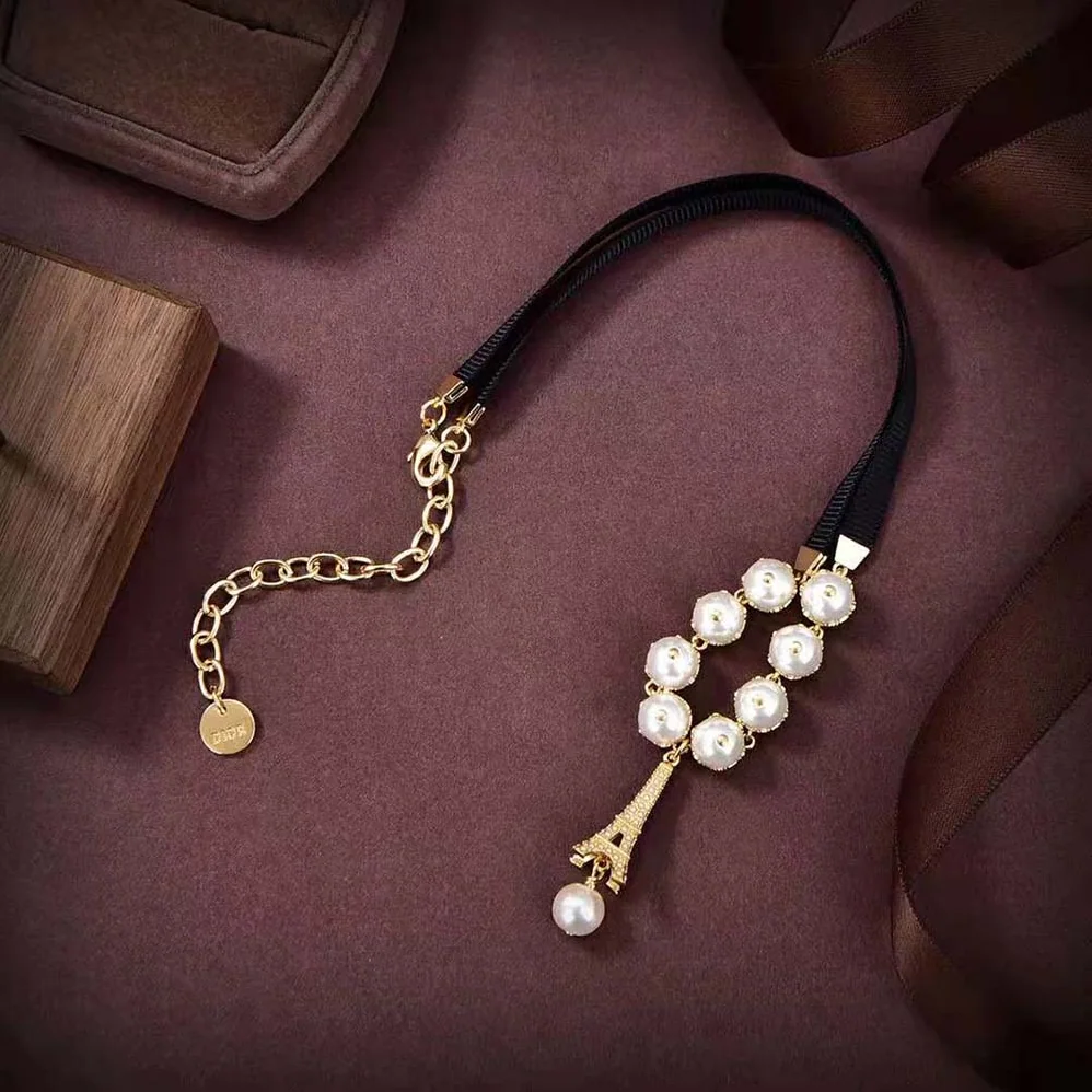 Dior Plan De Paris Choker Gold-Finish Metal with Black Grosgrain and White Resin Pearls for Women