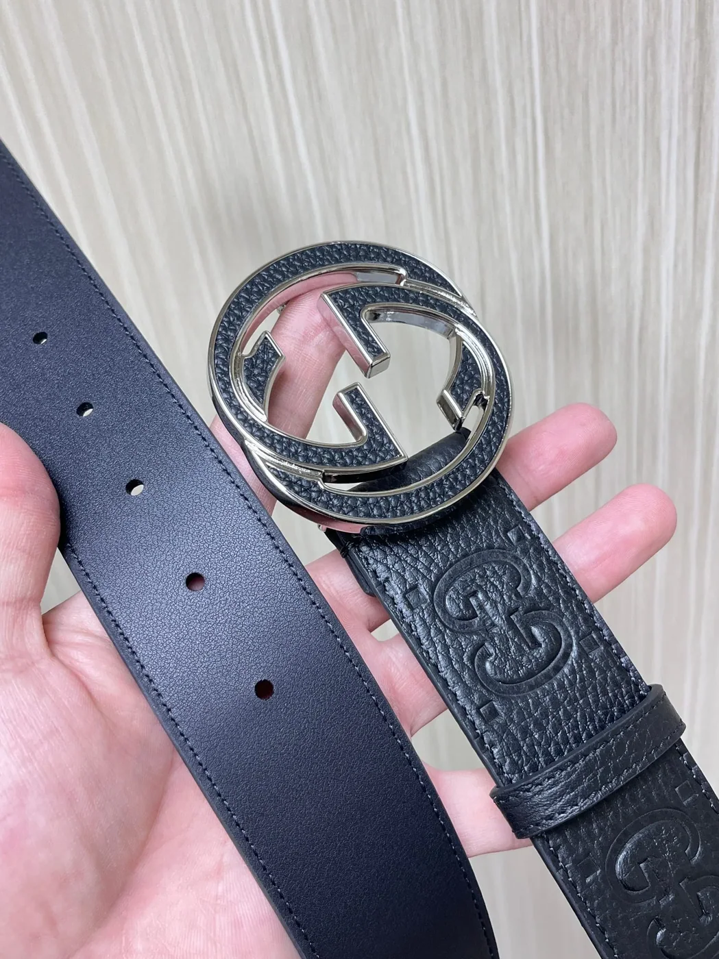 Gucci GG Marmont Circle Buckle Belt Black Leather With Silver Trim