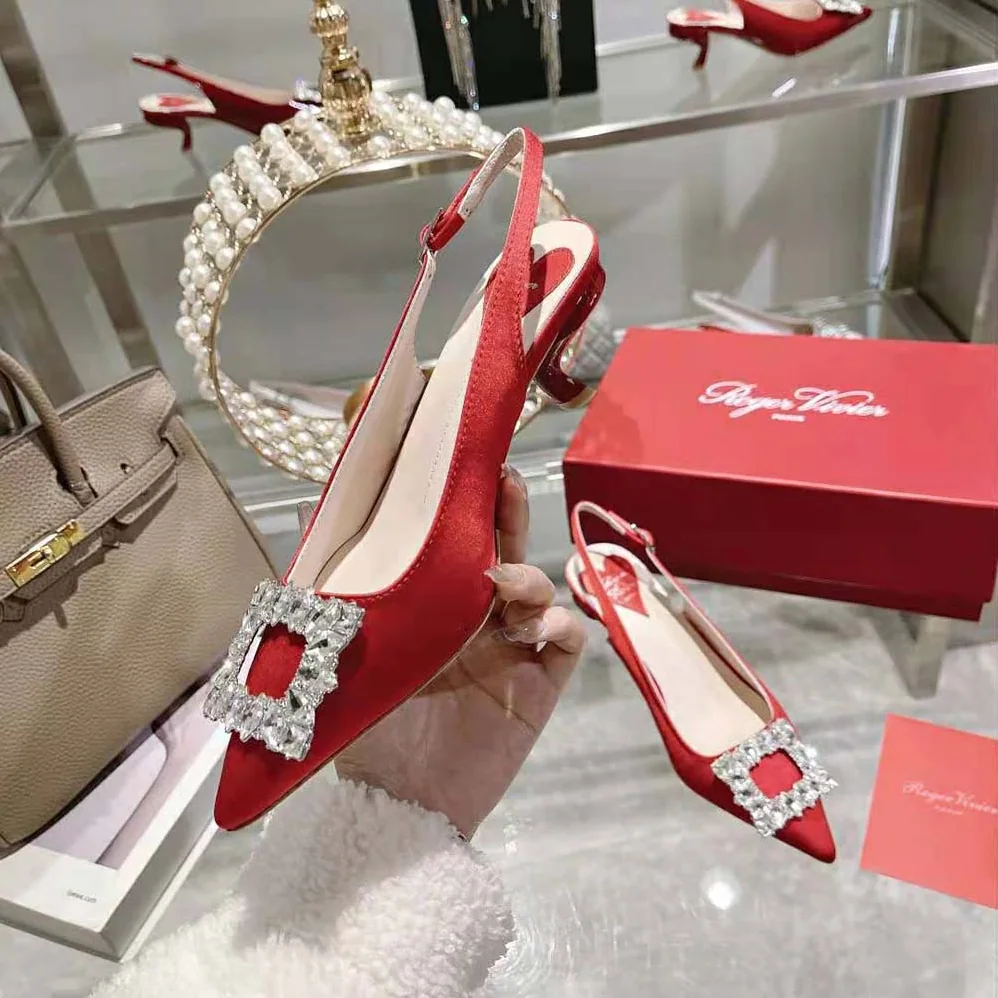 Roger Vivier Virgule Strass Buckle Slingback Pumps in Satin for Women in Red Roger Vivier Virgule Strass Buckle Slingback Pumps in Satin for Women in Red