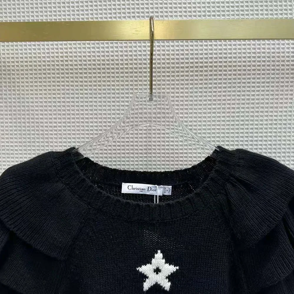 Dior Sweater with Ruffles Black Cashmere Knit with Signature for Women Dior Sweater with Ruffles Black Cashmere Knit with Signature for Women