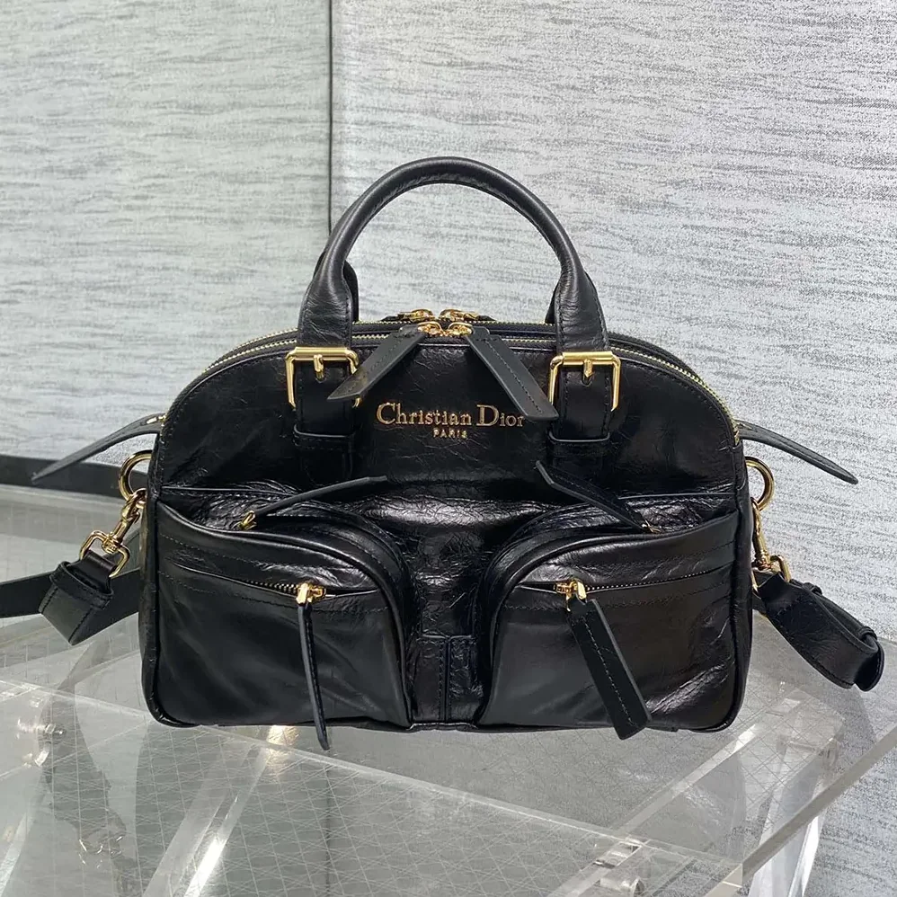 Dior Small Grand Tour Bowling Bag Black Crinkled Calfskin for Women