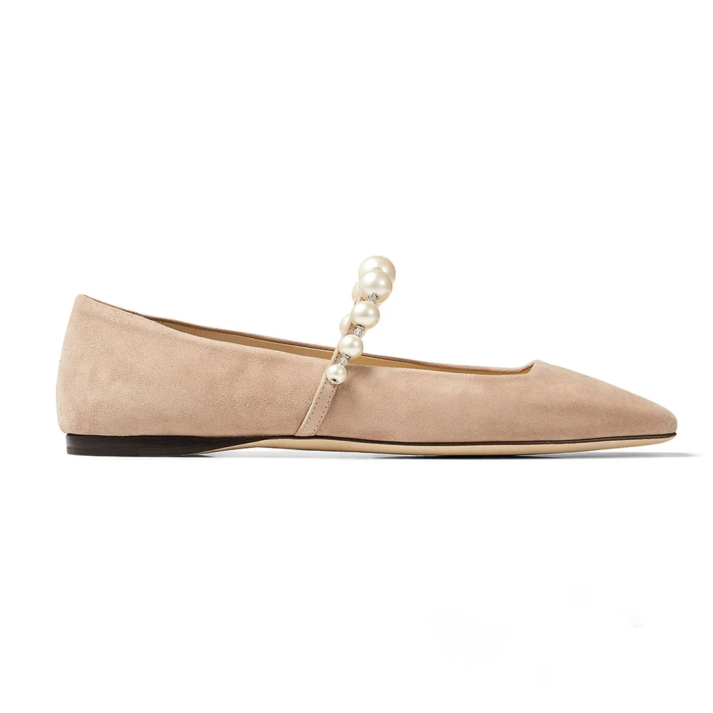 Jimmy Choo ADE Flat Ballet Pink Suede Flats with Pearl Embellishment for Women