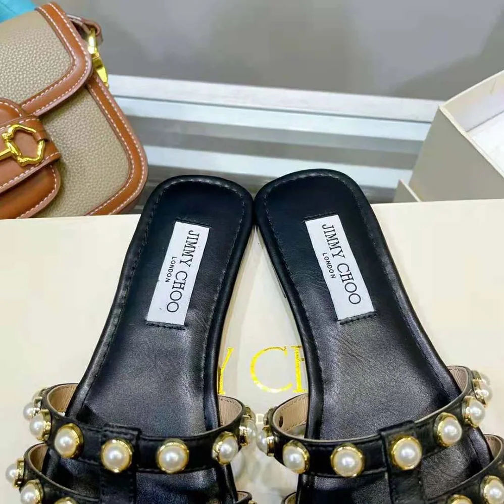 Jimmy Choo Hazal Flat Black Nappa Caged Flats with Pearl Studs for Women