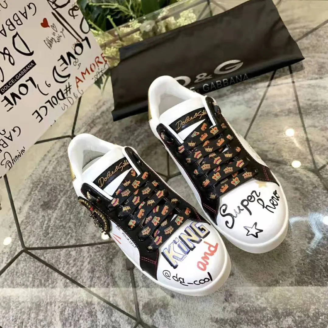 Dolce Gabbana D&G Portofino Sneakers in Printed Nappa Calfskin with Patch for Men in Black