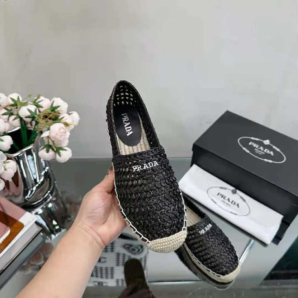 Prada Crochet Espadrilles with Embroidered Logo for Women in Black Prada Crochet Espadrilles with Embroidered Logo for Women in Black