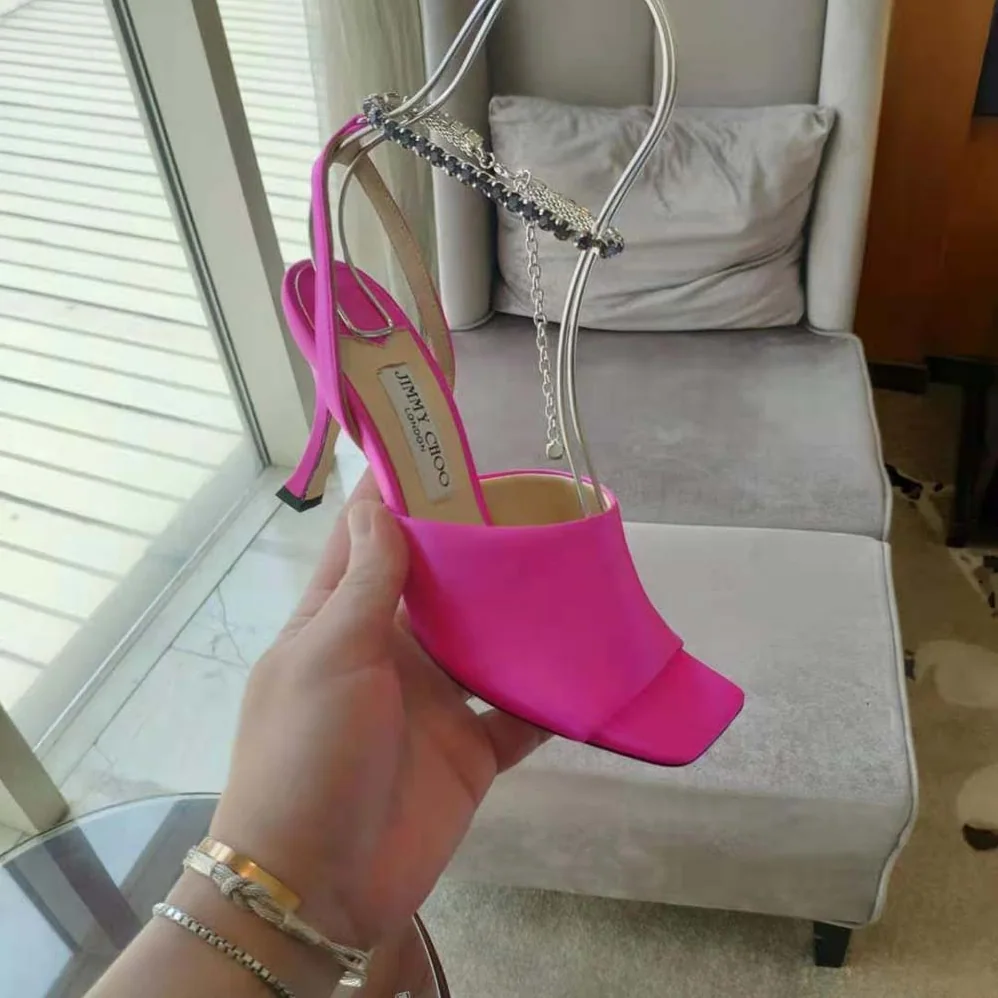 Jimmy Choo Sae 90 Fuchsia Satin Sandals with Crystal Chain Embellishment for Women Jimmy Choo Sae 90 Fuchsia Satin Sandals with Crystal Chain Embellishment for Women