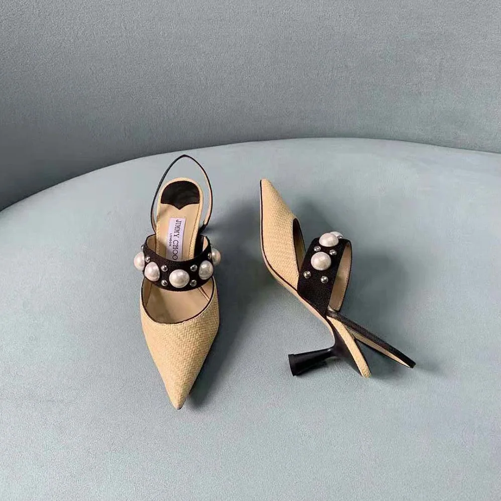 Jimmy Choo Breslin 100 Natural Raffia Slingbacks with Pearl and Stud Embellishment for Women