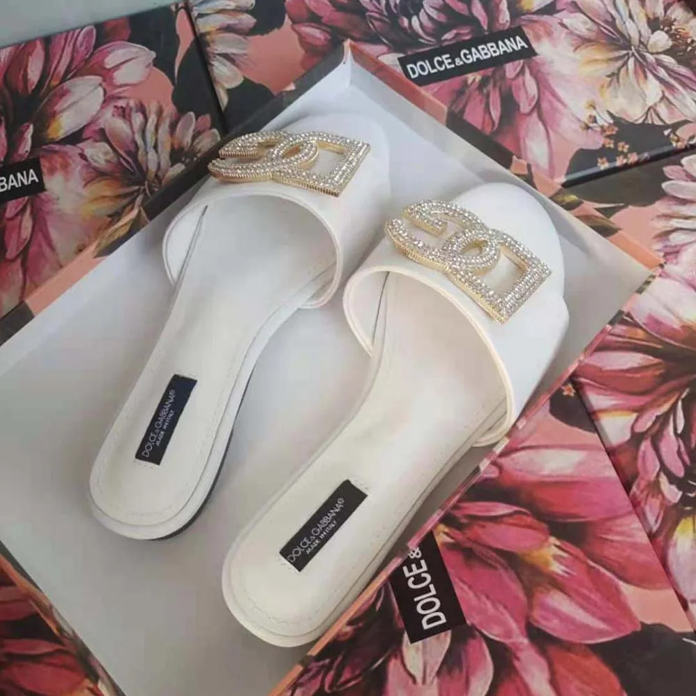 Dolce Gabbana D&G Calfskin Slides with DG Logo for Women in White