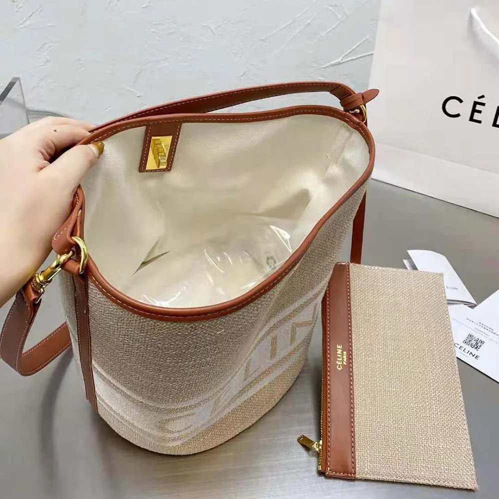Celine Bucket 16 Bag in Textile with Celine Logo and Smooth Calfskin for Women