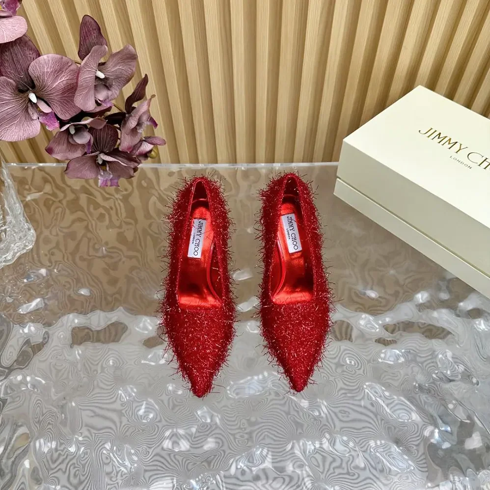 Jimmy Choo Ixia 95 Ruby Red Tinsel Pumps for Women Jimmy Choo Ixia 95 Ruby Red Tinsel Pumps for Women