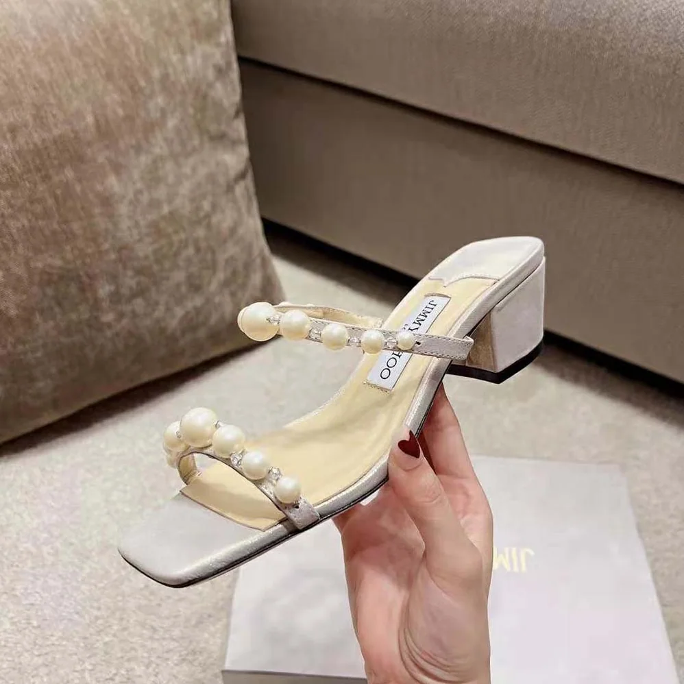 Jimmy Choo Amara 45 Champagne Shimmer Suede Mules with Pearl Embellishment for Women Jimmy Choo Amara 45 Champagne Shimmer Suede Mules with Pearl Embellishment for Women