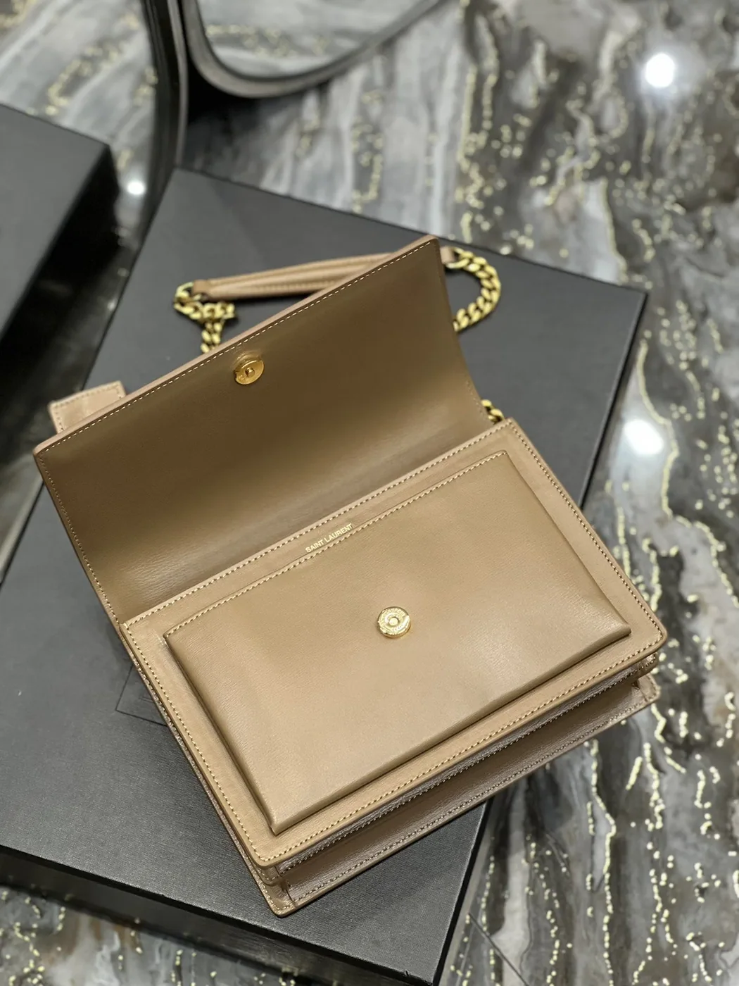 Saint Laurent Sunset Chain Medium Crossbody Bag in Dark Beige Gold Hardware