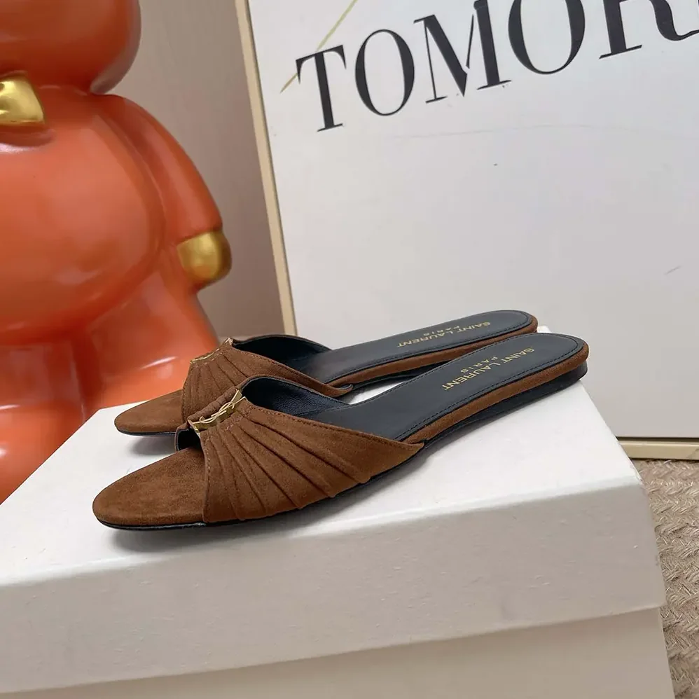 Saint Laurent YSL Babylone Slides In Suede Dark Brown for Women