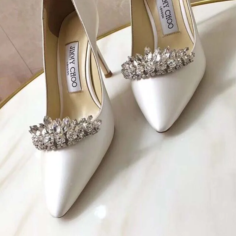 Jimmy Choo Shoes Romy 85 Lvory Satin Pointy Toe Pumps with Crystal Tiara for Women