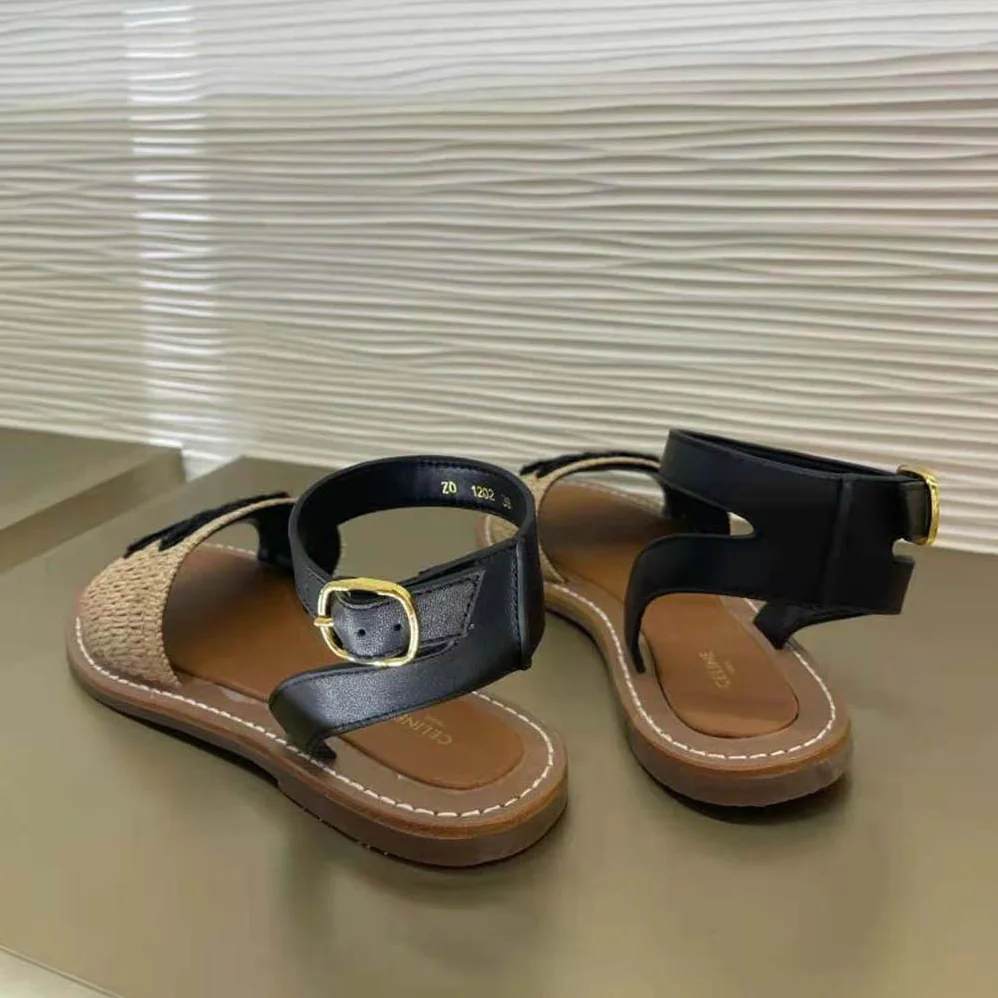 Celine Lympia Flat Strap Sandal in Raffia & Calfskin for Women in Black