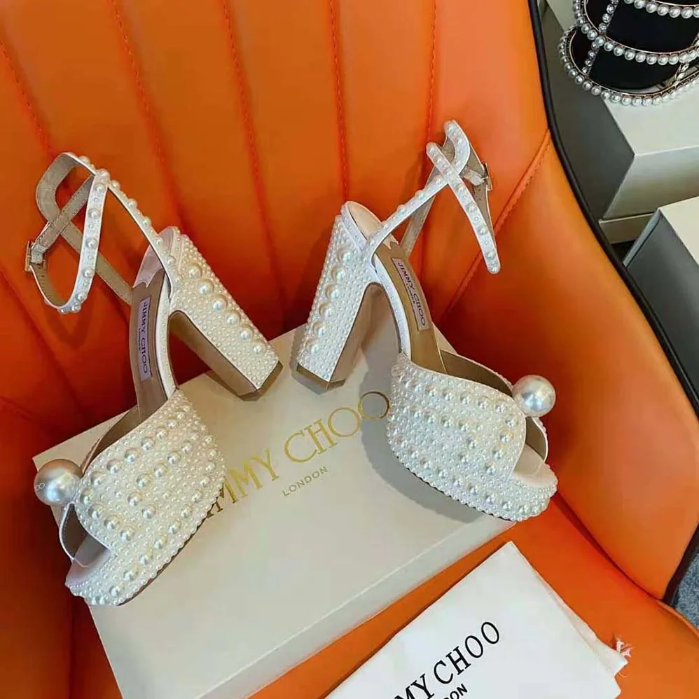 Jimmy Choo Sacaria/pf 120 White Satin Platform Sandals with All for Women in Over Pearl Embellishment