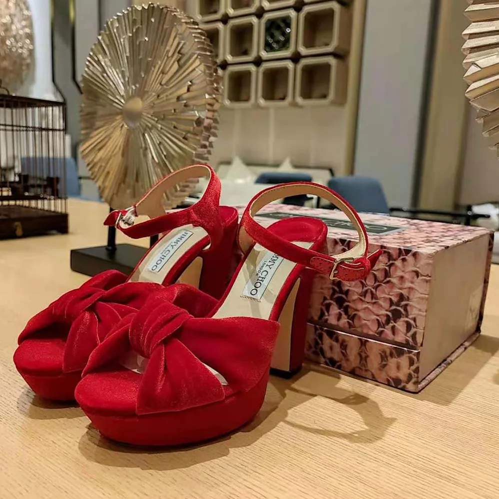 Jimmy Choo Heloise 120 Red Velvet Platform Sandals for Women