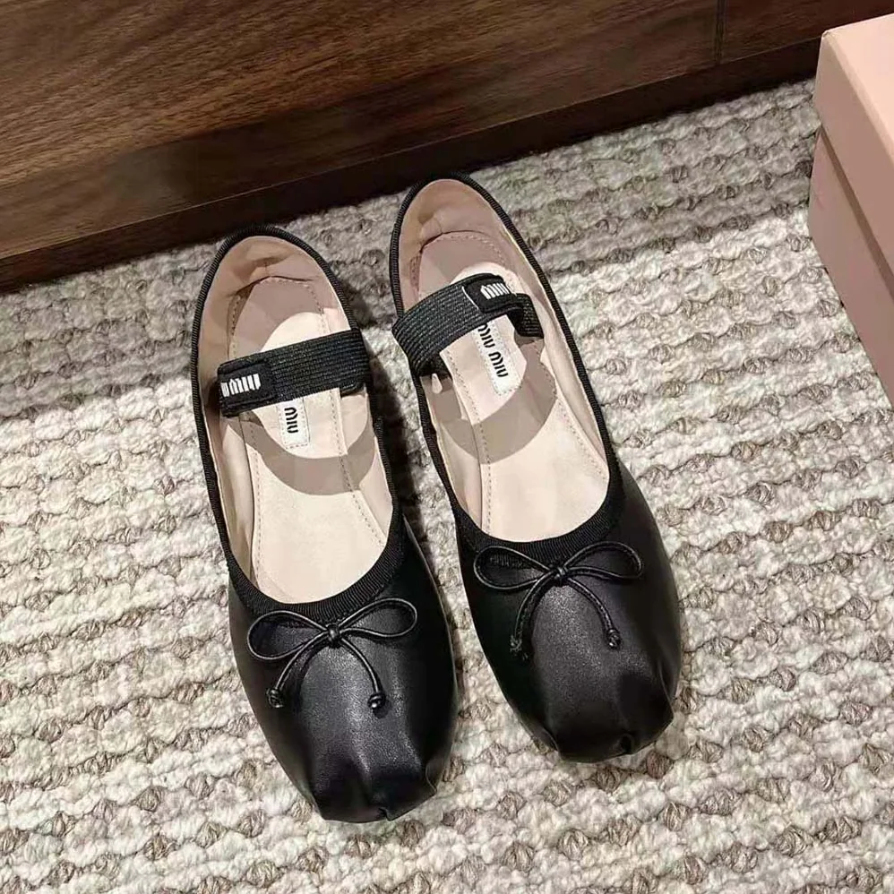 Miu Miu Leather Ballerinas with Fabric Logo Label for Women in Black