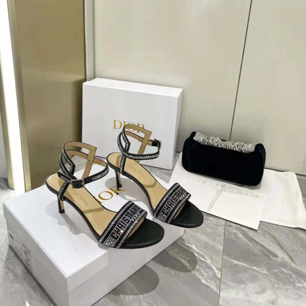 Dior Dway Heeled Sandal Black Cotton Embroidered with Thread and Silver for Women in Tone Strass