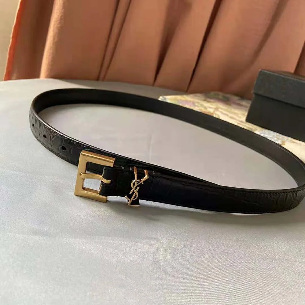 Saint Laurent YSL Monogram Narrow Belt with Square Buckle in Crocodile Embossed Leather for Women