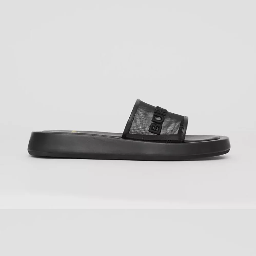 Burberry Embroidered Logo Mesh and Leather Slides for Women Burberry Embroidered Logo Mesh and Leather Slides for Women