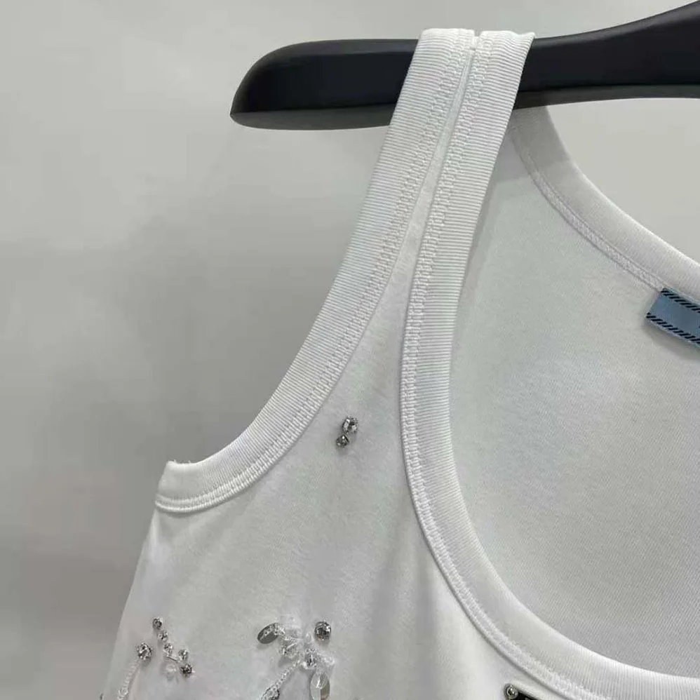 Prada Embroidered Ribbed Knit Jersey Top for Women in White Prada Embroidered Ribbed Knit Jersey Top for Women in White