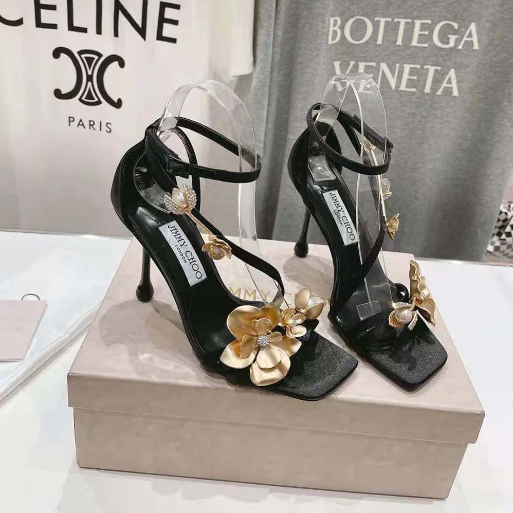 Jimmy Choo Zea 95 Black Satin Sandals with Metal Flowers-ZEA95BGU for Women Jimmy Choo Zea 95 Black Satin Sandals with Metal Flowers-ZEA95BGU for Women
