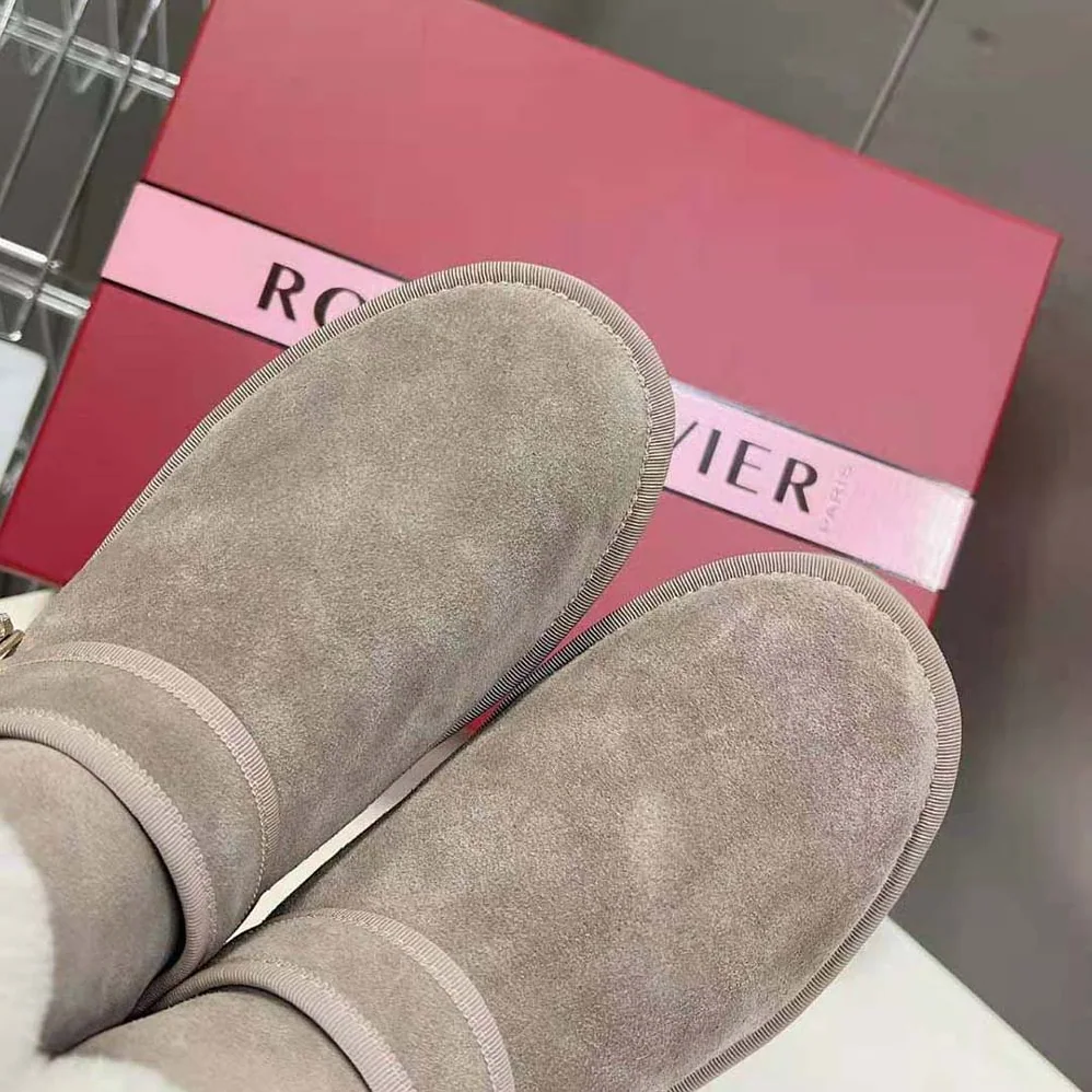 Roger Vivier Viv' Winter Fur Strass Buckle Ankle Boots in Suede for Women in Beige Roger Vivier Viv' Winter Fur Strass Buckle Ankle Boots in Suede for Women in Beige