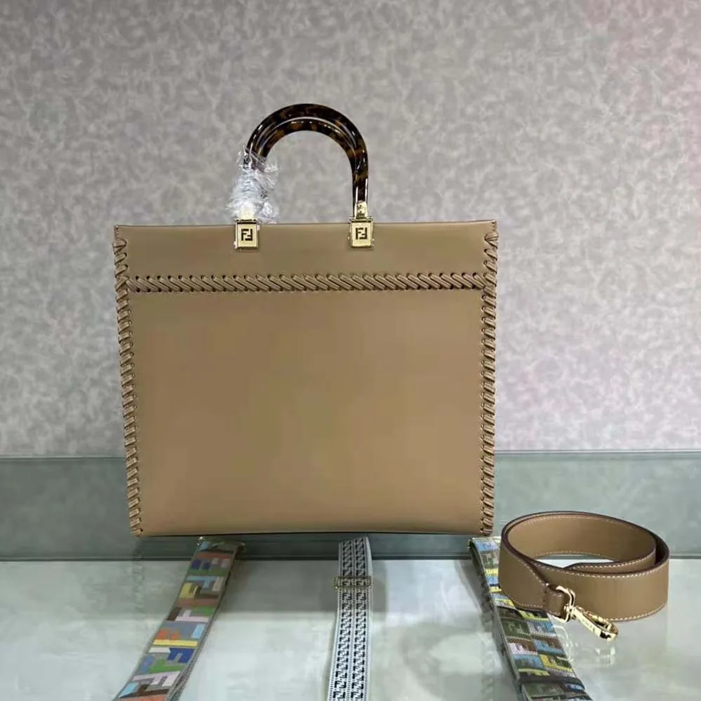 Fendi Sunshine Medium Brown Leather Shopper with Decorative Stitching for Women