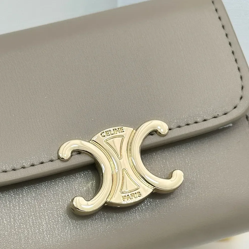 Celine Compact Wallet with Coin Triomphe in Shiny Calfskin for Women in Grey Celine Compact Wallet with Coin Triomphe in Shiny Calfskin for Women in Grey