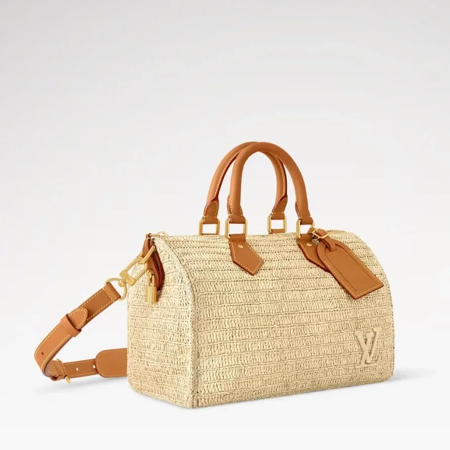 Louis Vuitton Speedy 30 Bandouliere Top Handle Bag / Natural Beige Raffia Gold Hardware