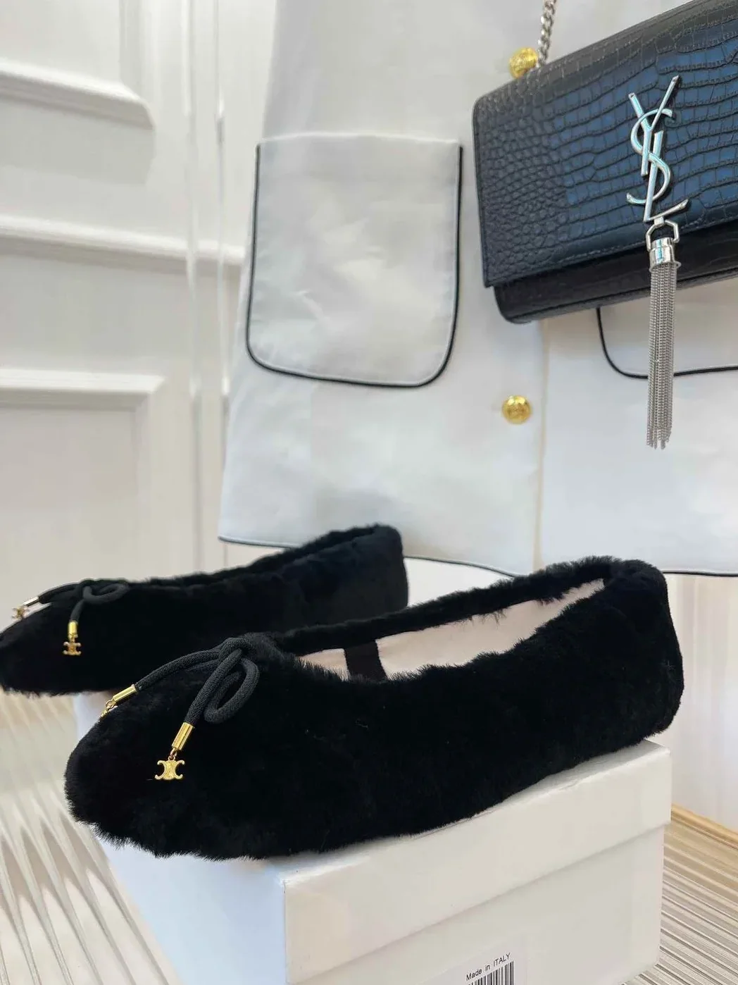 Celine Les Ballerines Celine Ballerina With Triomphe Laces And Fur Black Celine Les Ballerines Celine Ballerina With Triomphe Laces And Fur Black