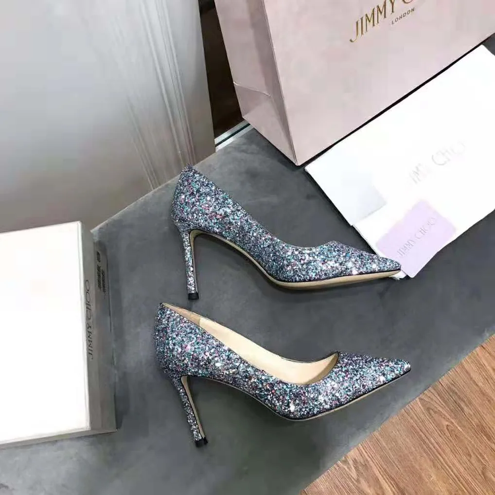 Jimmy Choo Romy 85 Gunmetal Star Coarse Glitter Fabric Pointy Toe Pumps for Women in Black