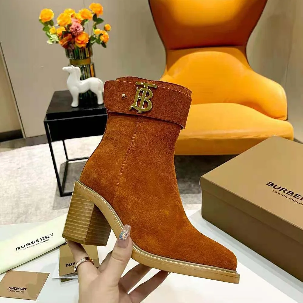 Burberry Monogram Motif Suede Block for Women in Heel Boots Burberry Monogram Motif Suede Block for Women in Heel Boots