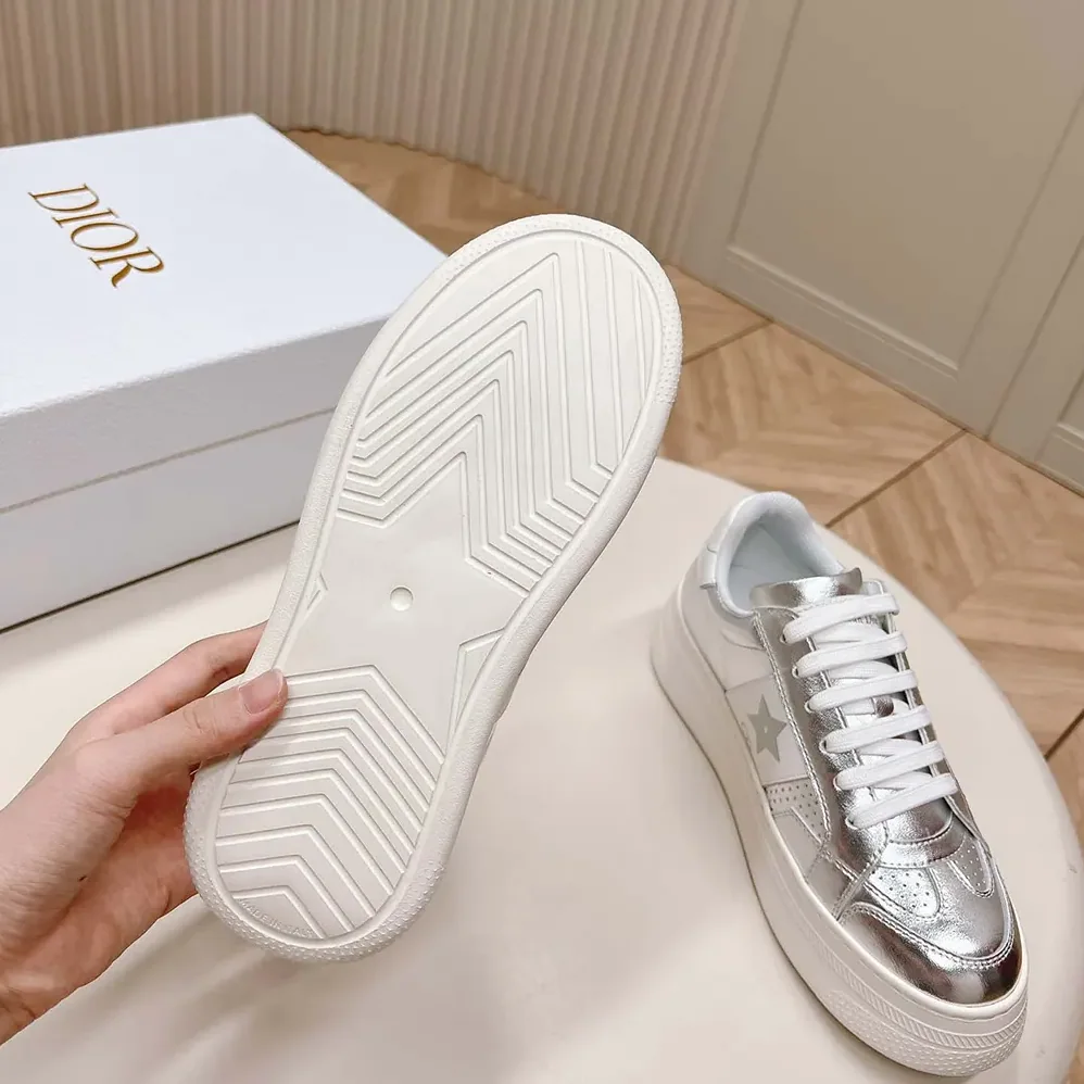 Dior Star Platform Sneaker Silver-Tone Crinkled-Effect Lambskin and White Calfskin for Women