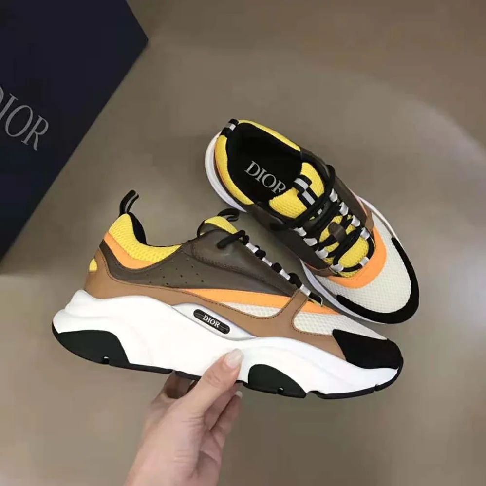 Dior B22 Sneaker Yellow and White Technical Mesh with Ebony and Camel Smooth Calfskin for Men