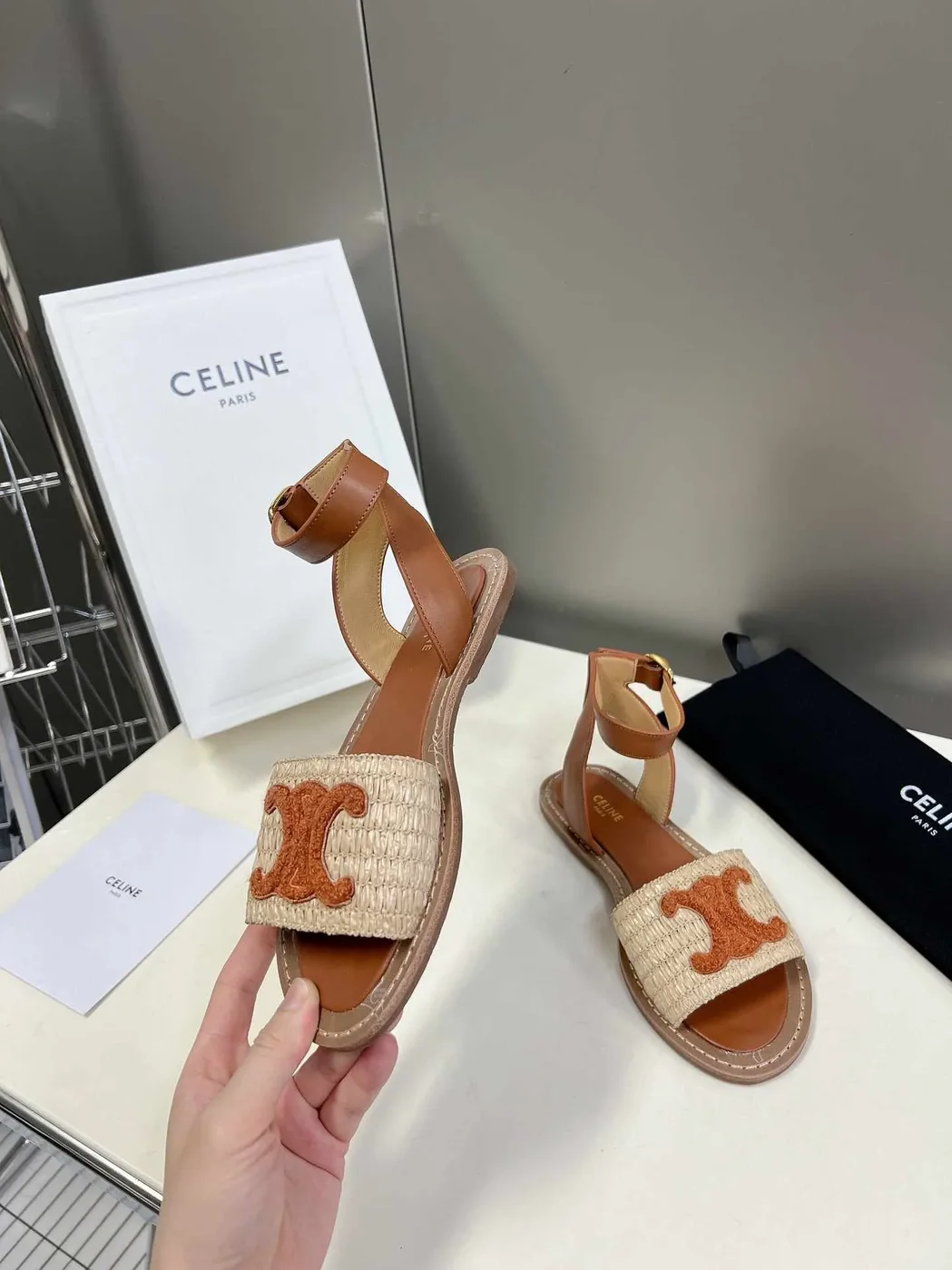 Celine Lympia Flat Strap Sandal In Raffia Brown Celine Lympia Flat Strap Sandal In Raffia Brown