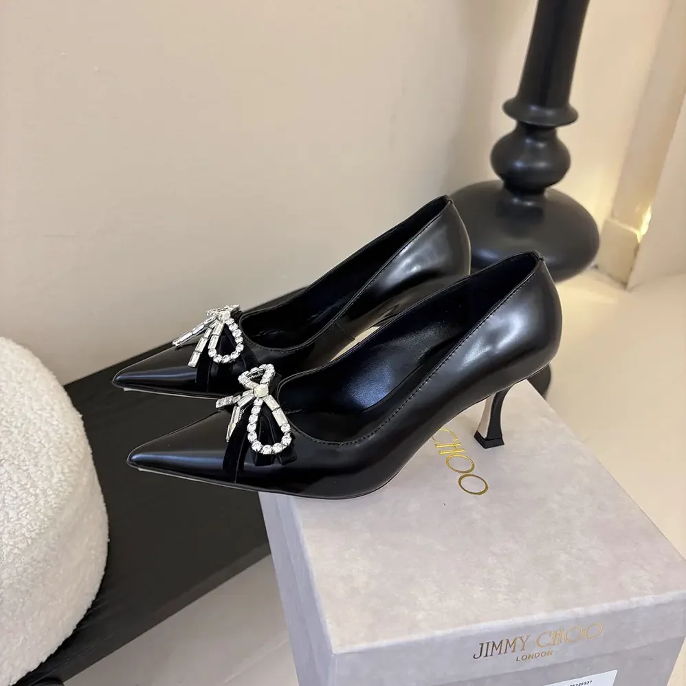 Jimmy Choo Auria 70mm Black Soft Spazzolato Pumps with Velvet and Crystal Bow for Women