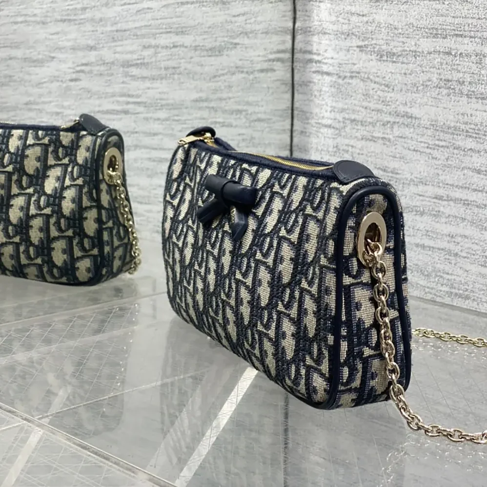 Dior Oblique Bow Pouch with Chain Blue Dior Oblique Jacquard for Women