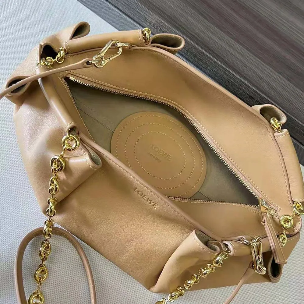 Loewe Small Paseo Bag in Shiny Nappa Calfskin with Chain for Women in Sandy Loewe Small Paseo Bag in Shiny Nappa Calfskin with Chain for Women in Sandy
