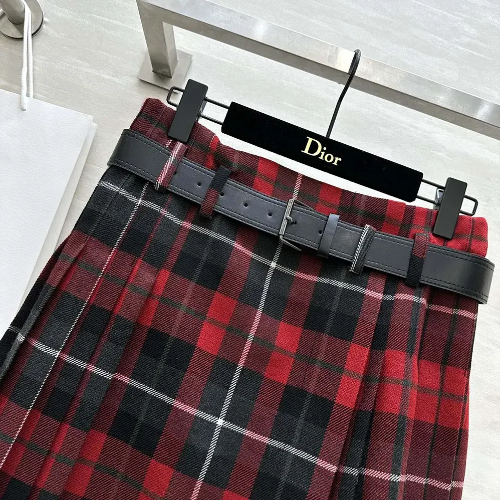 Dior Belted Short Kilt Red Gray and Black Check'n'Dior Virgin Wool for Women