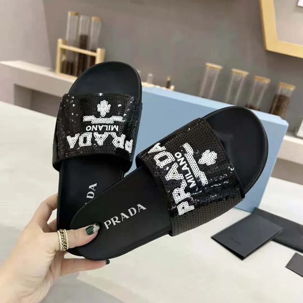 Prada Sequin Slides with Rubber Lug Sole are Covered All Over with Embroidered Sequins for Women Prada Sequin Slides with Rubber Lug Sole are Covered All Over with Embroidered Sequins for Women